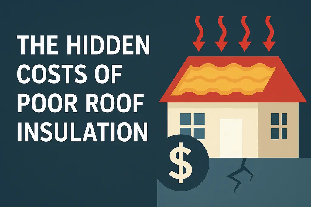 Illustration showing the hidden costs of poor roof insulation, with heat escaping from a house roof and a dollar sign symbolizing high energy bills.