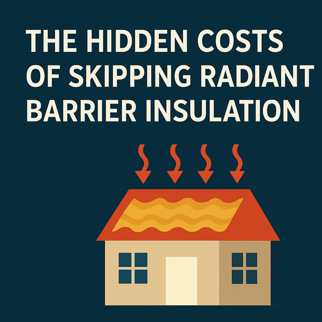 Illustration of a house with heat escaping from the roof, symbolizing the high energy costs and discomfort caused by skipping radiant barrier insulation.